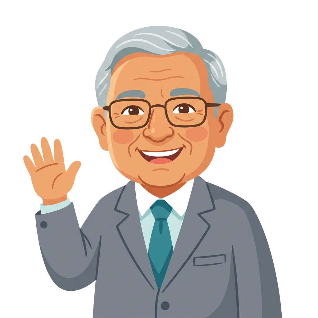 Cartoon illustration of Wing Commander Darshan K Chopra waving